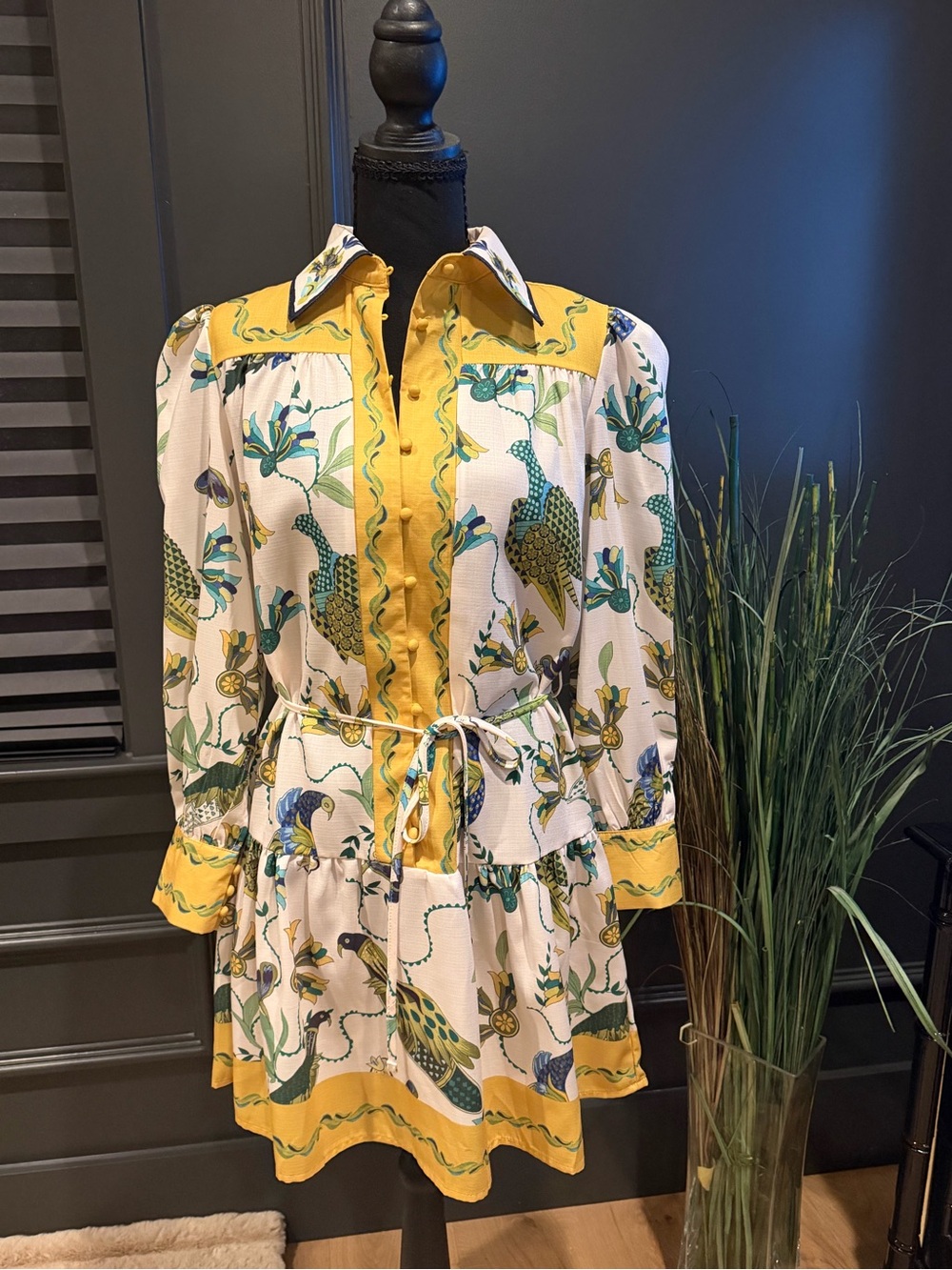 Yellow Floral Print Tie-Waist Women’s Dress